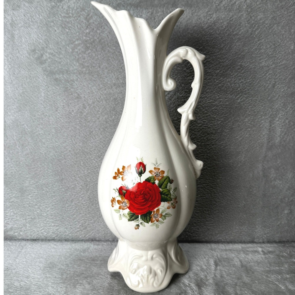 Vintage White Ceramic Rose Floral Pitcher Vase Ornate Handle Scalloped Cottage